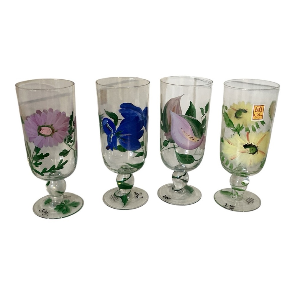 Set of 4 Royal Danube Crystal Hand Painted Garden Flowers Stem Glasses New